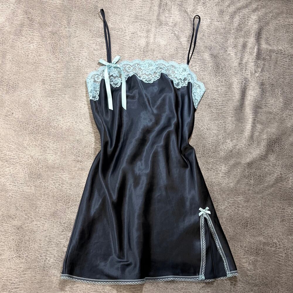 Y2k Victorias Secret Blue Satin Lace Mini Slip Dress